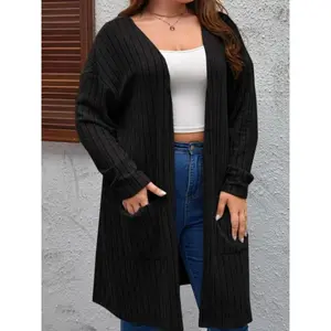 Plus Size Ribbed Cardigan with Pockets, Solid Color — Spring/Autumn Casual Off-Shoulder Long-Sleeve Front-Opening Outerwear for Women’s Daily Wear GARMENTARY