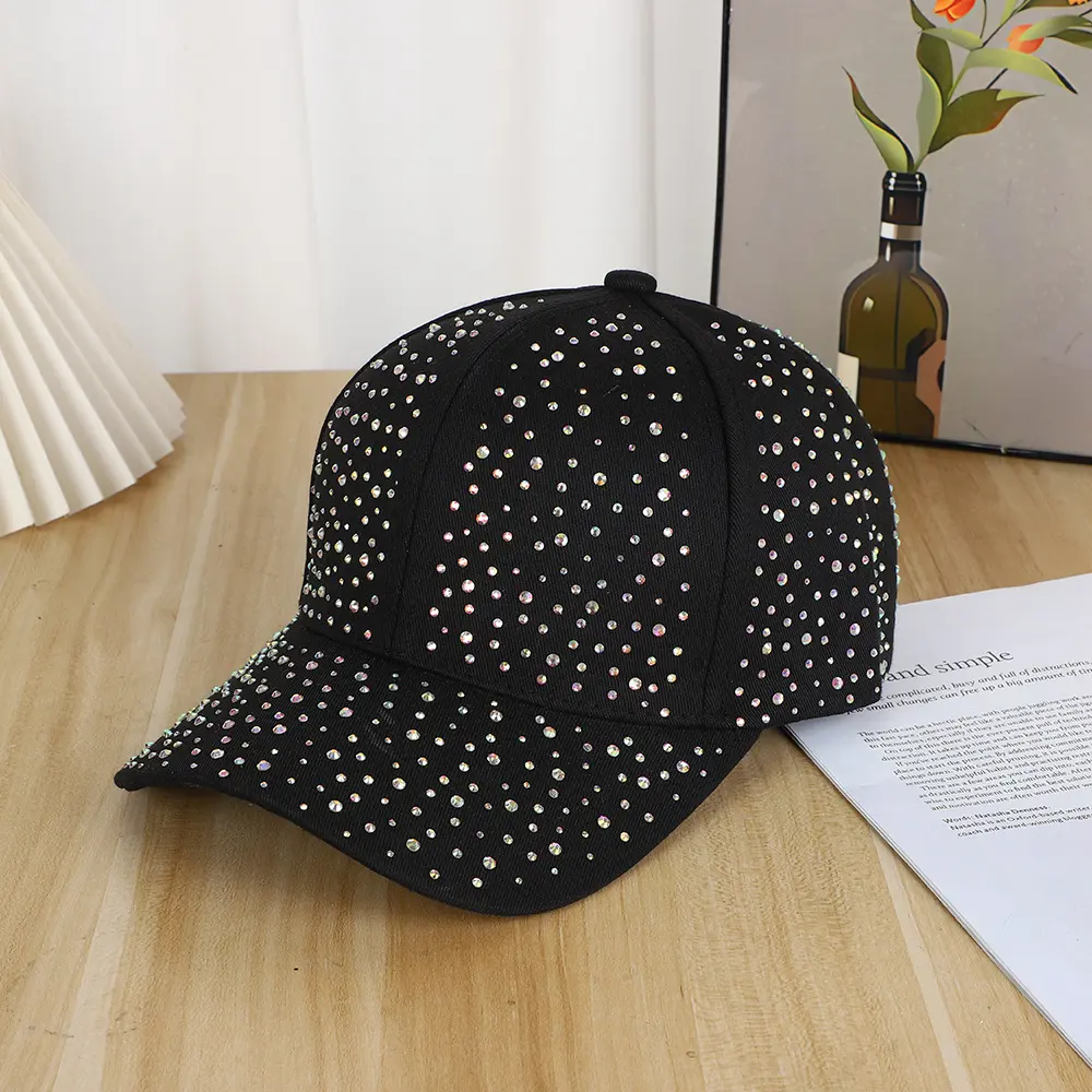 Black (Iridescent Diamond) Adjustable Circumference Rhinestone Baseball Cap - Breathable, Casual, Classic Rounded Crown, Sparkly All-Over Crystal, Unisex Adjustable Streetwear Bling Cap for Night Out