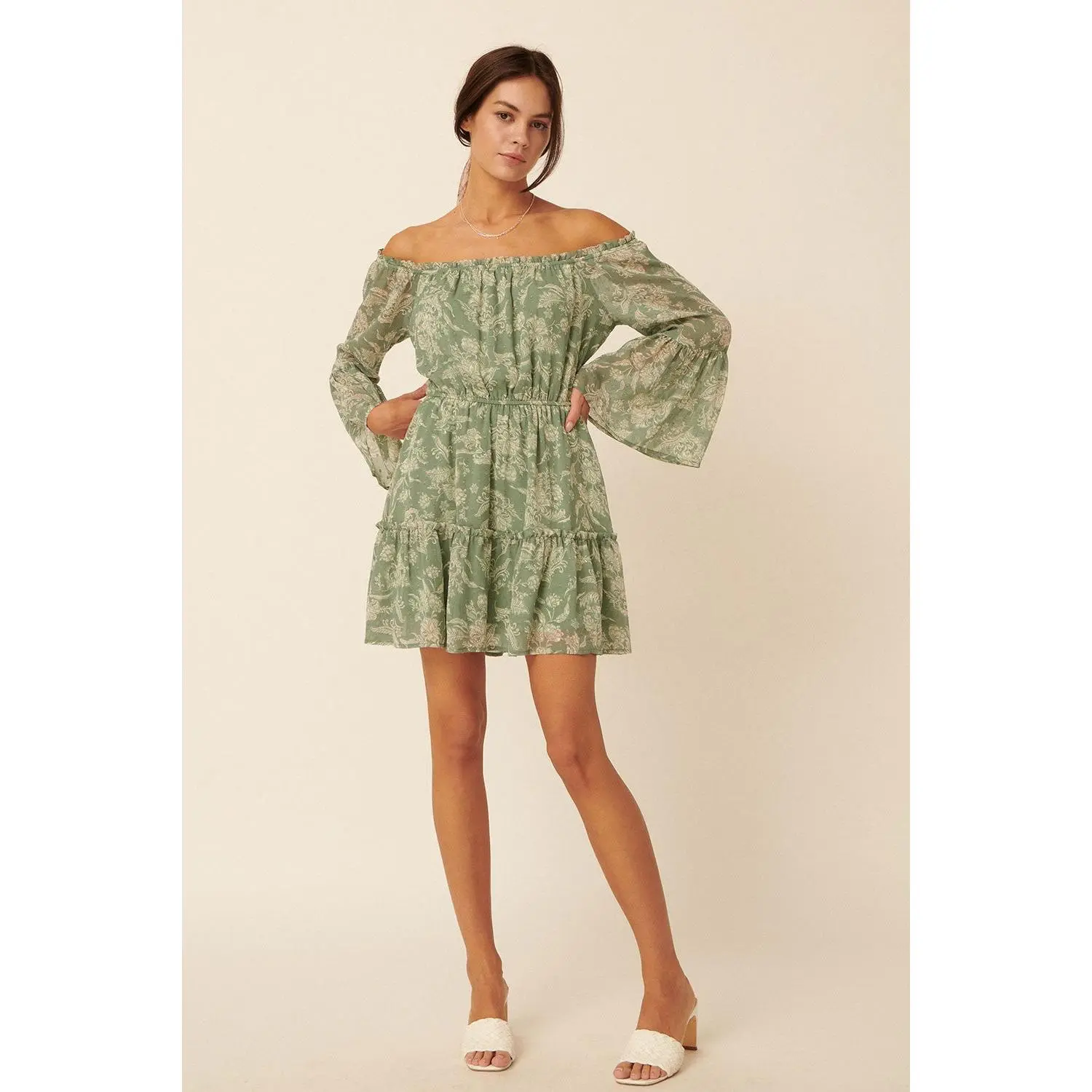 Green Floral Mini Dress, Women's Casual Peasant Style with V-Neck and Tiered Skirt in Swiss Dot Chiffon, Casual Wear, Green Floral Ruffle Casual Dresses