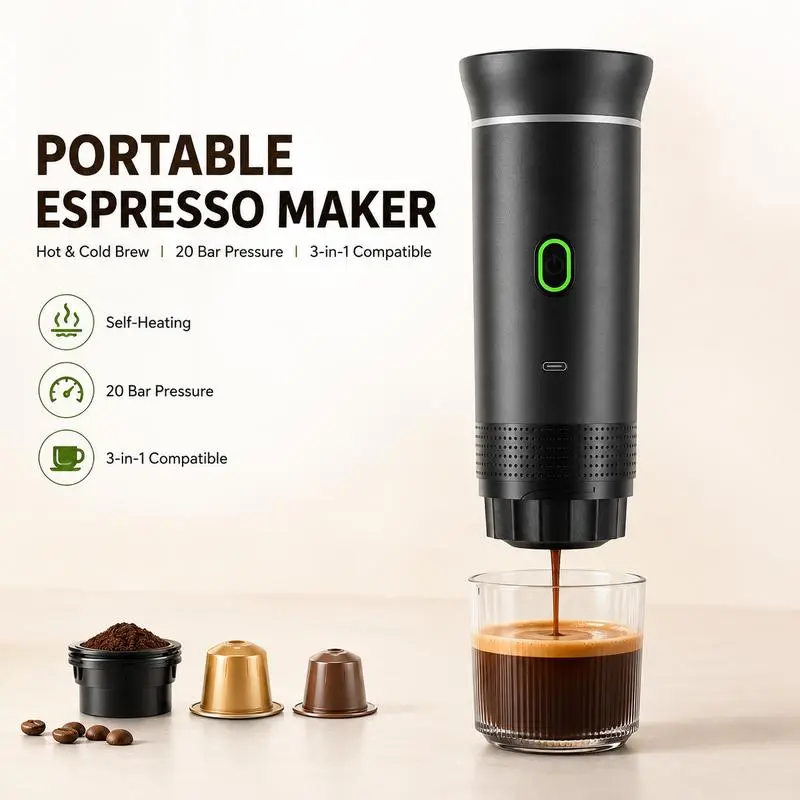 SELFOCEAN Portable Electric Espresso Maker, Self-Heating Travel Coffee Machine with 20-Bar Pressure, 3-in-1 Compatible with Ground Coffee & Coffee Capsules, USB-C Rechargeable Espresso Machine for Camping, Car, Office & Travel