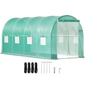 VEVOR Walk-in Tunnel Greenhouse, 15x 7x 7 ft Portable Plant Hot House with Galvanized Steel Hoops, 1 Top Beam, Diagonal Poles, Zippered Door 8 Roll-up Windows, Green