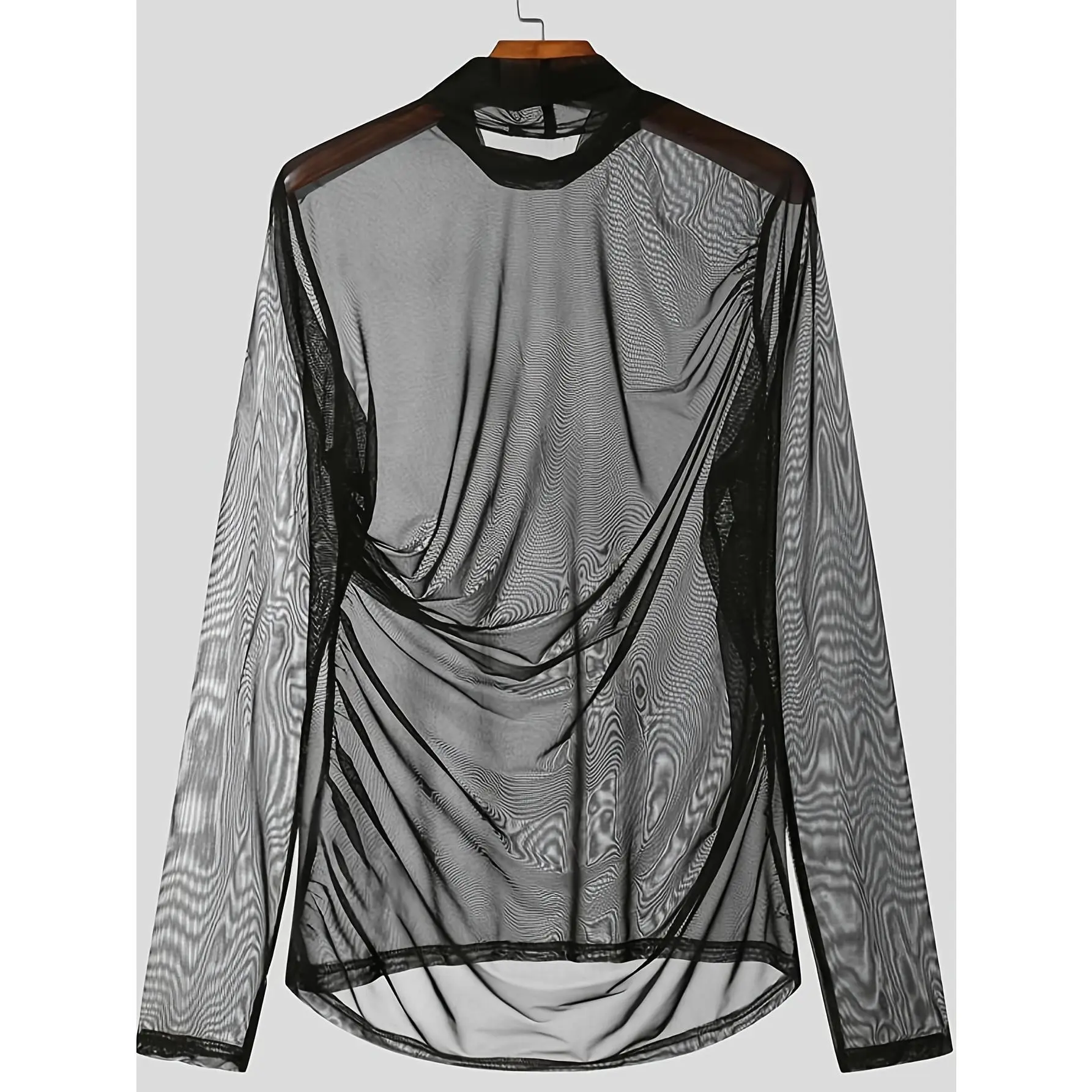 Street punk rock style men's high-elastic pullover long-sleeve T-shirt, sexy see-through casual nightclub bar thin top