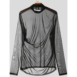 Street punk rock style men's high-elastic pullover long-sleeve T-shirt, sexy see-through casual nightclub bar thin top