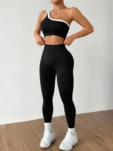 Women's Two-Piece Set, Colorblock Side Straps Breathable Yoga Gym Workout Gear, Comfortable Sports Clothing for Active Lifestyle, Workout Running Clothes