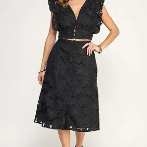 Black Lace Midi Skirt with Ruffled Sleeves and Deep V-Neckline for Women