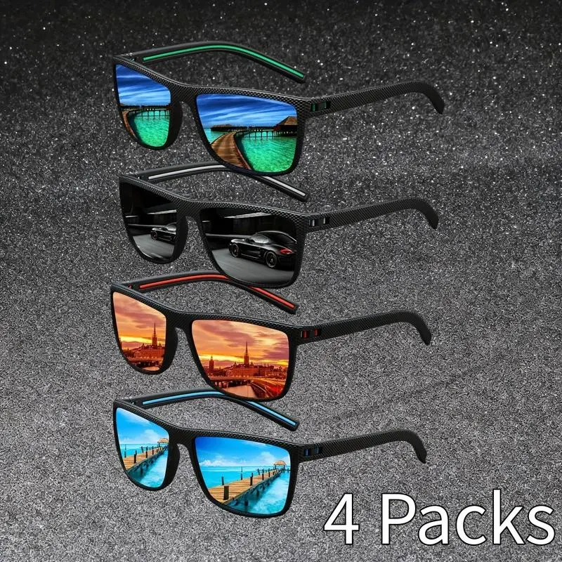 Men's 4-Pack 1980s Modern Retro Square Sunglasses - UV400 Protection, Silver Frames, Plaid Streetwear Aesthetic + LED Glowing Pumpkin Skull Party Rings, Colorful Waterproof Head Light for Casual Travel Use, 1980S Modern Men's Sunglasses, Polycarbonate, St