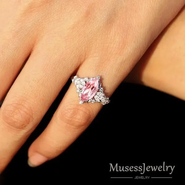 Marquise Pink Sapphire Engagement Ring, Leaf-Inspired Floral Design