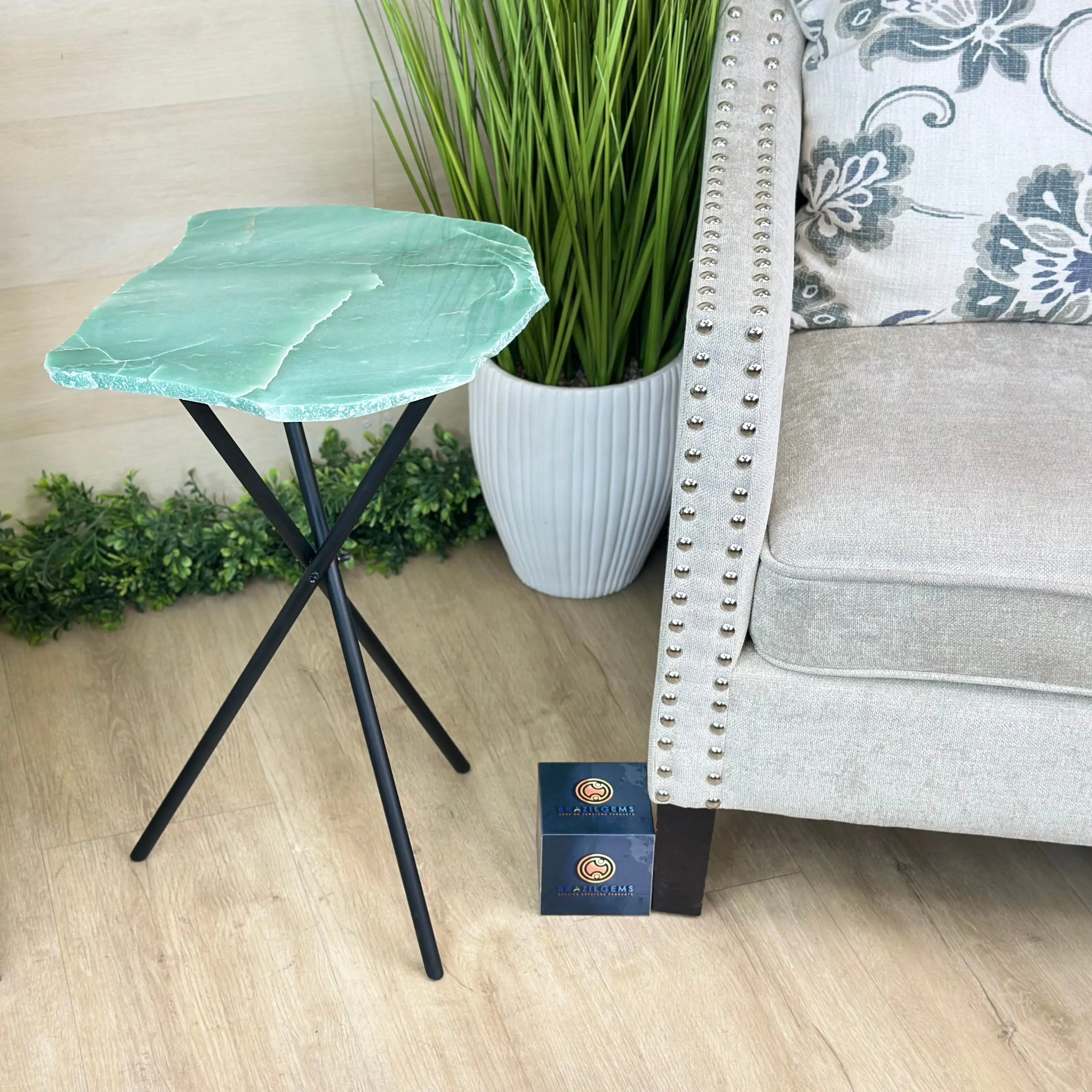 Natural Green Quartz Side Table on Black Metal Base, 24" Tall #1342GQ-003