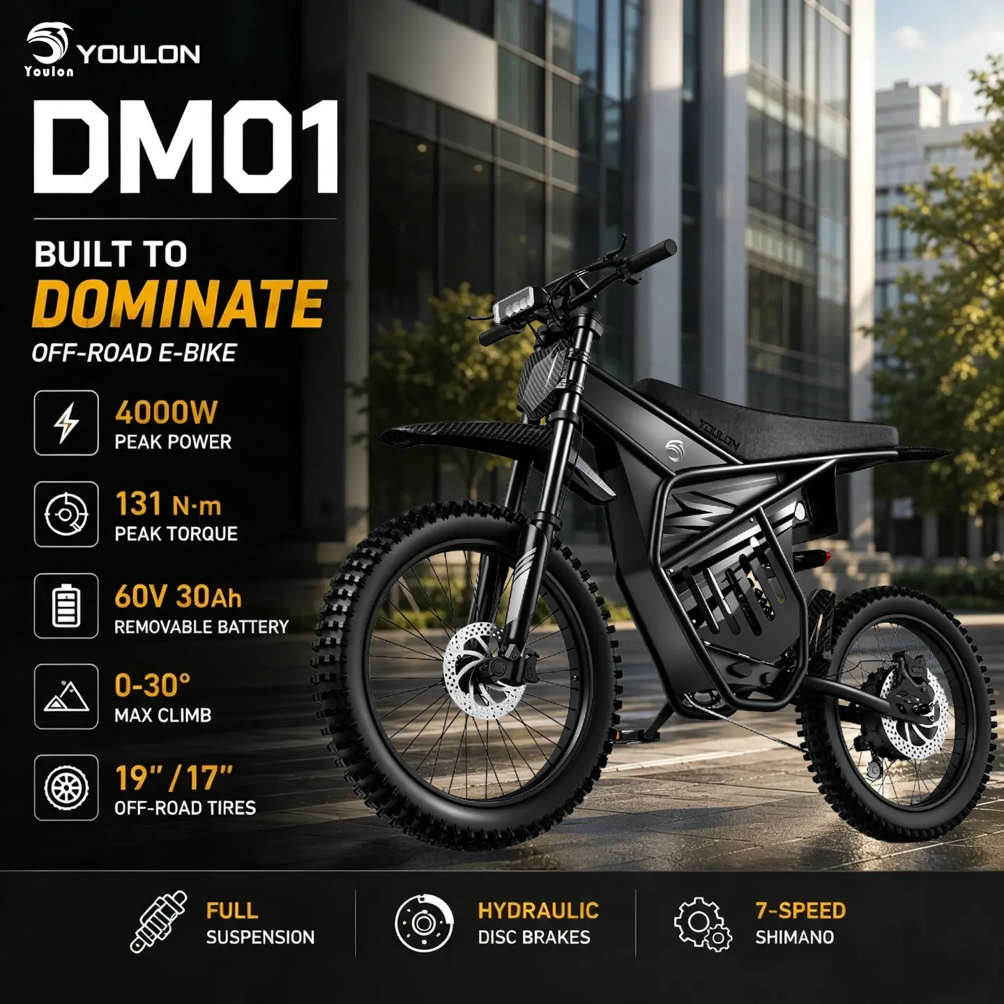 【DM01】YOULON 4000W Peak Brushless bike,Electric Bike for Adults, 131N·m Peak Torque, 60V30Ah Removable Battery, 43-45 MPH Top Speed, Hydraulic Disc Brakes, Long Travel Suspension, All-Terrain Off Road Electric Bike