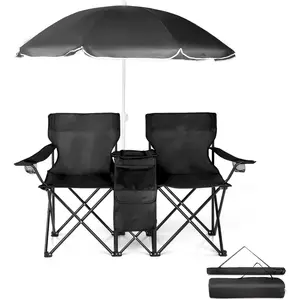 Folding Double Camping Chair w/Umbrella Beverage Holder Carrying Bag Cooler Fold Up Table, Large Bearing Capacity for Beach Patio Pool Park Outdoor Black