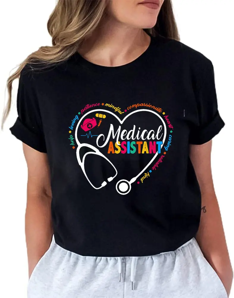 Women's 100% Cotton Graphic T-Shirt - Funny Heart Stethoscope Print, Short Sleeves, Round Neck, Whimsical Look, Vintage Everyday Top for Nurses