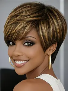 Pixie Cut Wig Human Hair for Women Highlight Short Straight Wigs Human Hair Pixie Cut Wig with Bangs Layered Wig