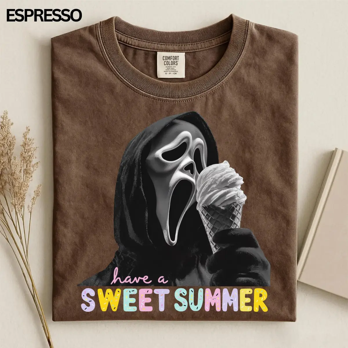 Sweet Summer Ice Cream Ghost Comfort Colors Shirt, Funny Horror Summer Graphic Tee, Spooky Beach Vacation T-Shirt, Retro Summer Vibes Tee