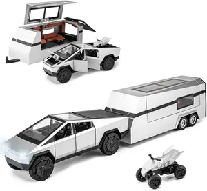 Cybertruck Toy for Kids, Pickup Truck with RV Motorcycle Cybertquad Metal Die-cast Model Car, 1/32 Toy Truck and Trailer with Sound/Light/Pull Back, Ideal Gift for Boys Aged 6 and Up (Silver) Easter gift
