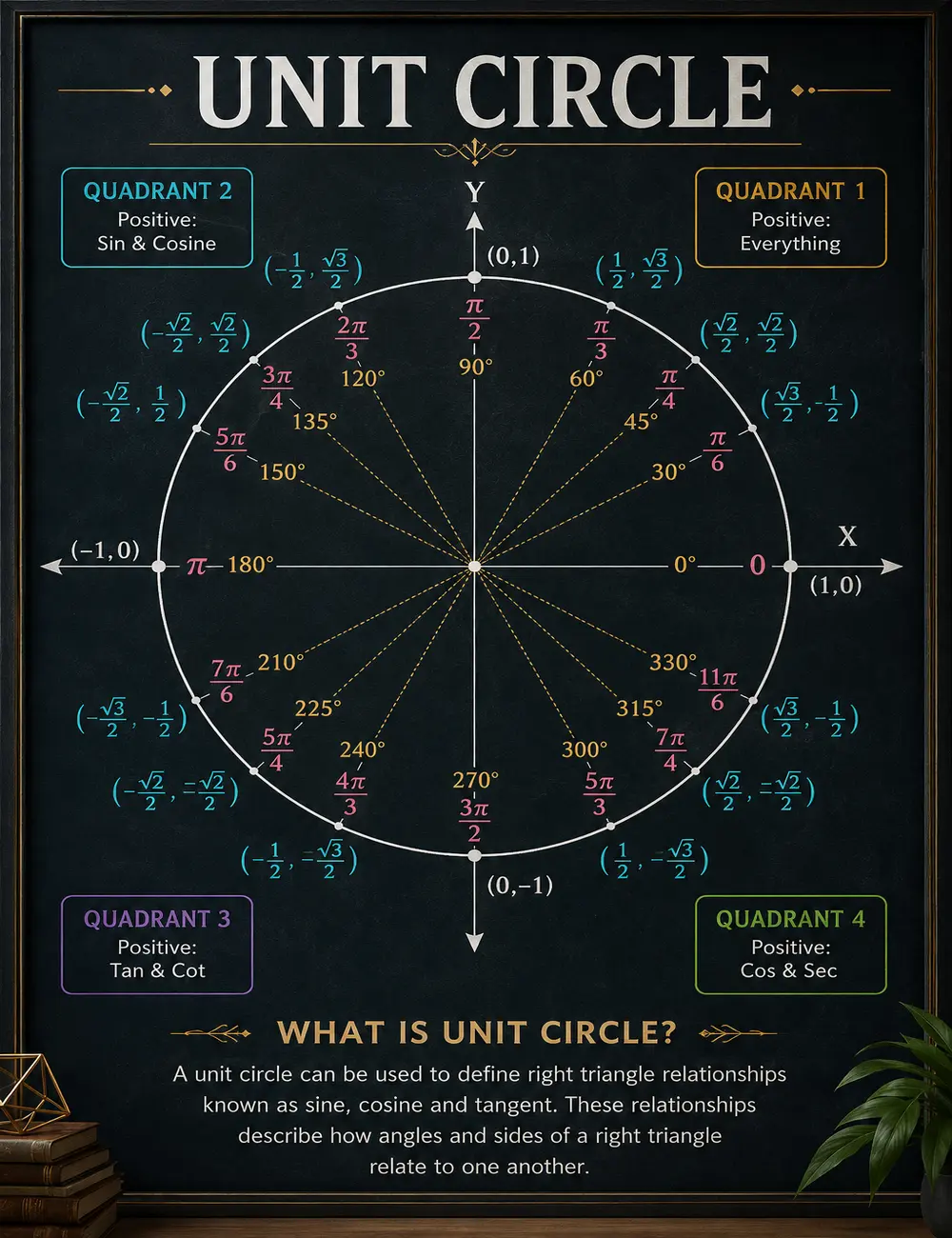 Unit Circle Math Poster Trigonometry Chart Classroom Decor Educational Wall Art Unit Circle Reference Guide Sine Cosine Tangent Angles Radians Degrees Quadrants Math Teacher Classroom Poster High School College Learning Homeschool Canvas Print