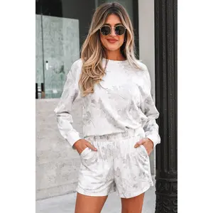 AEO Women's 2-Piece Beige Maple Camo Print Loungewear Pajama Set - Comfortable Round Neck Pullover Top with Drop Shoulders, Fitted Long Sleeves; Elastic Waist Medium-Length Summer Shorts, Women's Nightwear Clothes