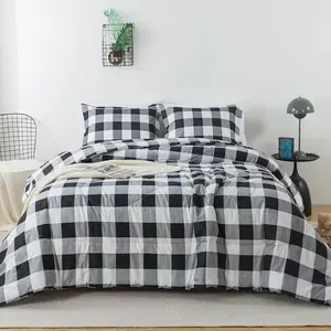 Plaid Comforter Set Black and White Full Size, 3 count Buffalo Plaid Comforter Bedding Set, Stylish Geometric Plaid Fluffy  Decor for  Seasons