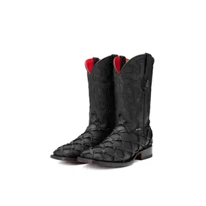 Bruce Shelby Pirarucu Red Bottom Square Toe Cowboy Boot - Matte Black