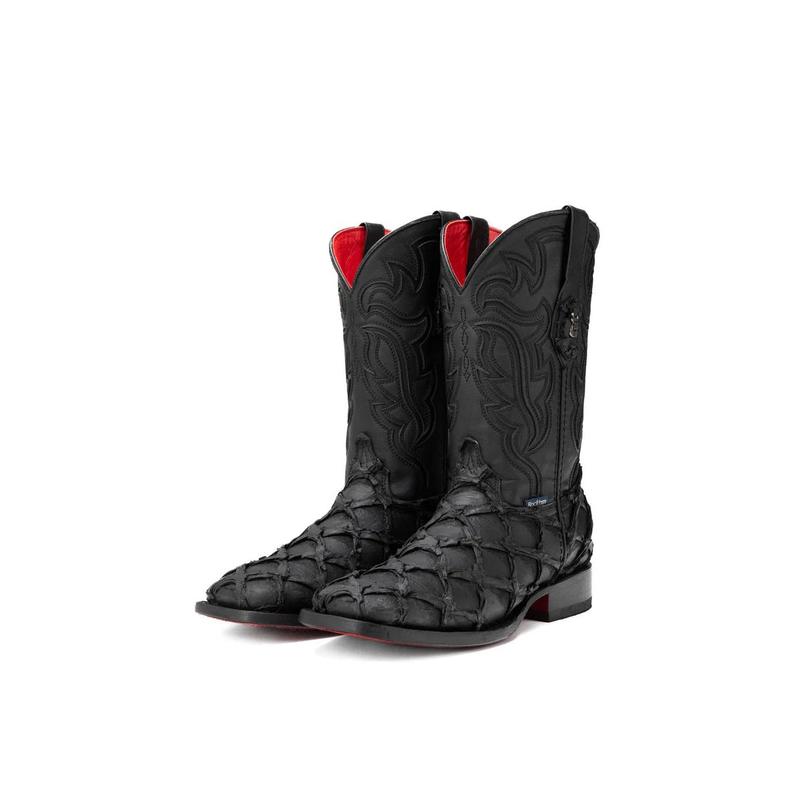 Bruce Shelby Pirarucu Red Bottom Square Toe Cowboy Boot - Matte Black