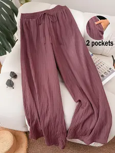 Women's Solid Color Wide Leg Trousers, Casual Comfy Pants for Daily Wear, Ladies Bottoms for All Seasons