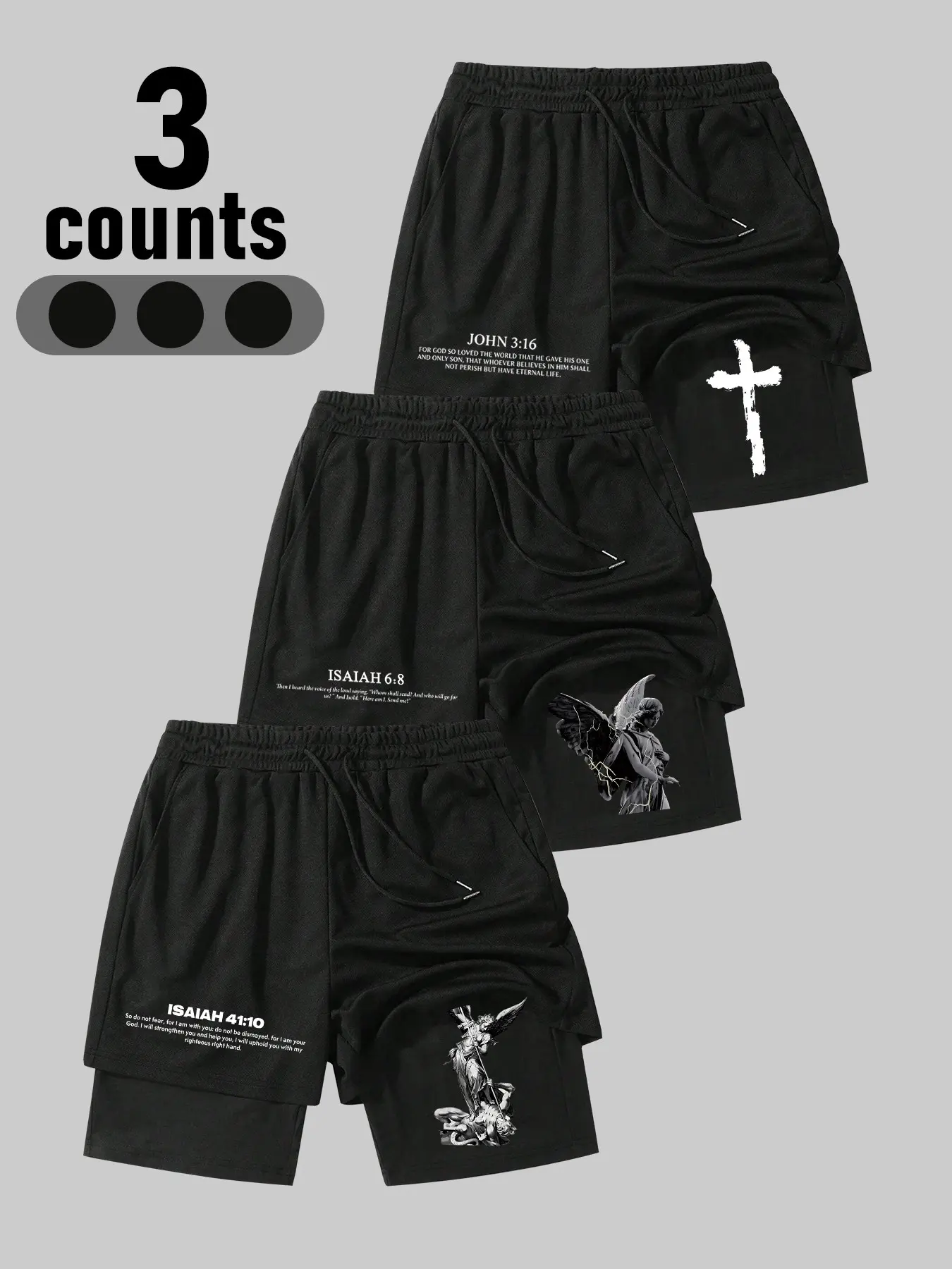Men's Summer Two-Piece Shorts Set, 3-Pack Drawstring Gym Shorts, Letter Cross Angel Patterns, Casual Outdoor Fitness Pants, Graphic Casual Shorts