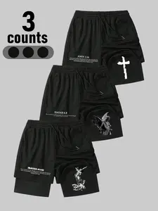 Men's Summer Two-Piece Shorts Set, 3-Pack Drawstring Gym Shorts, Letter Cross Angel Patterns, Casual Outdoor Fitness Pants