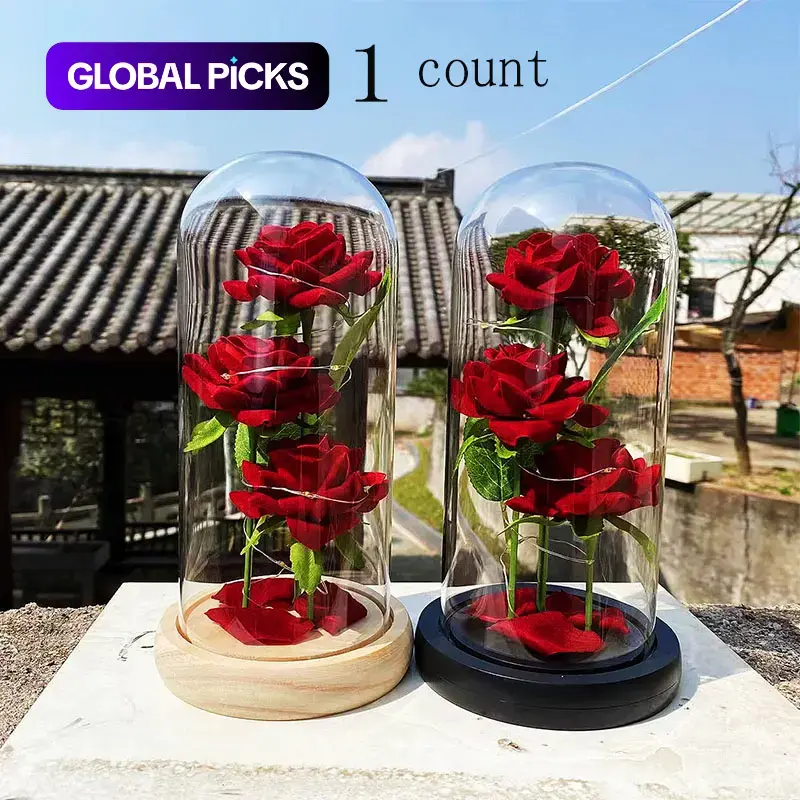 Everlasting Rose in Glass Dome with Light, Realistic Artificial Rose Desktop Ornament, Anniversary or Birthday Gift for Mom or Girlfriend #GLOBAL PICKS
