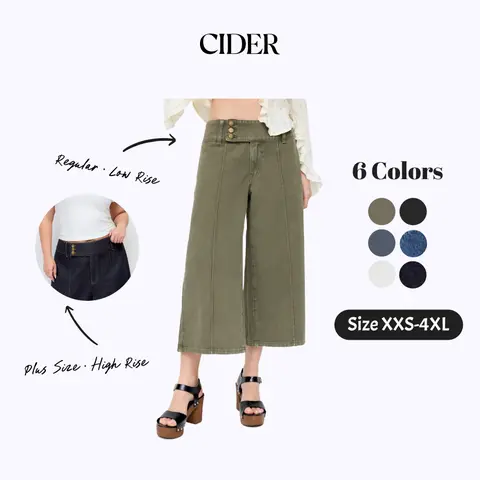 Cider Streetwear Low Rise Metal Detail Washed Denim Wide Leg Capri Jeans