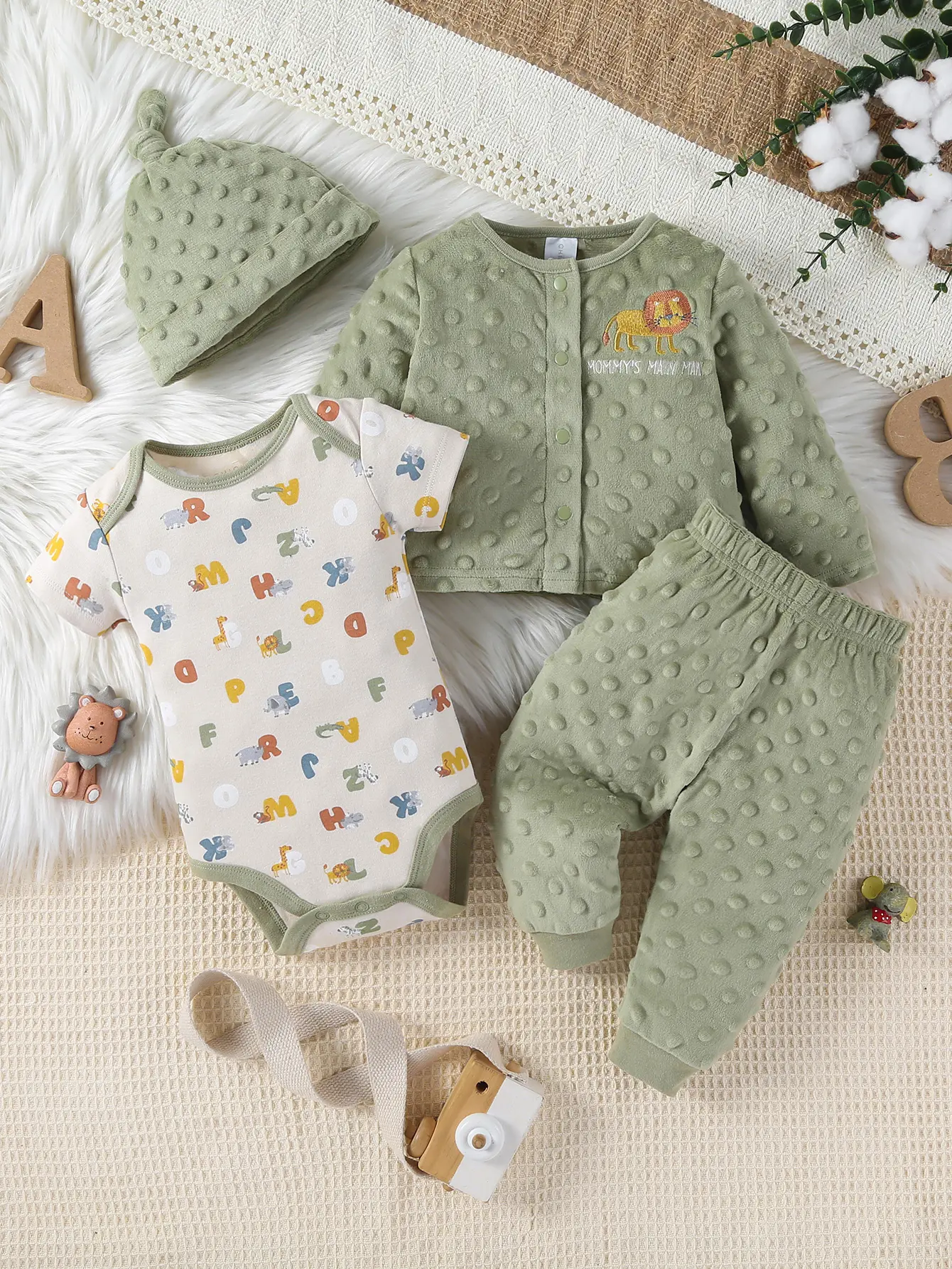 4-Piece Baby Green Lion Velvet Set  | Fall/Winter Cozy Onesie+Jacket+Pants+Hat | Soft Warm Newborn Outfit