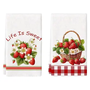 2pcs Strawberry Pattern Kitchen Towels, Soft & Absorbent Machine Washable Polyester Dishcloth, Perfect For Kitchen Decor, Cooking