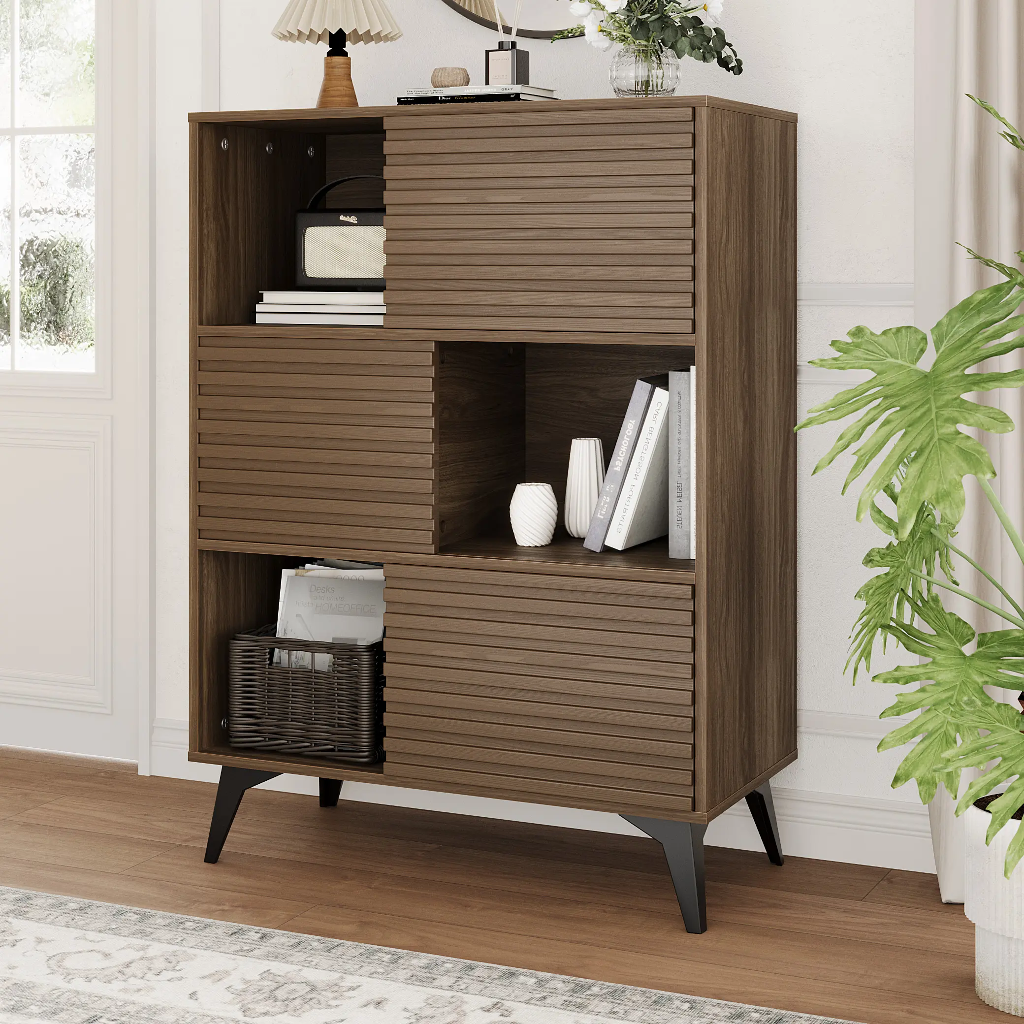 OUTGOODS Modern 3-Section Accent Cabinet - Pressed Wood, Walnut, Wood Grain, Built-In Storage, Carton Board Cabinets with Doors, 3-Tier Storage, Strong Legs, Indoor Wooden Buffet Display Stand, Pressed Wood Cabinets