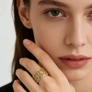 14K Gold Plated Non Tarnish Two Tone Open Ring for Women Vintage Retro Hollow Lace Adjustable Comfort Fit Statement Jewelry Trendy Must Have Chic Aesthetic Daily Wear TikTok Viral Fashion Accessory 2026 Perfect Gift for Her Birthday Anniversary Holiday
