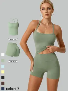 Women's 2 Piece Sports Set Solid Color Sports Cami Tank Top High Stretch Tummy Control Hip Lifting Sleeveless Backless Soft Comfortable Pilates Yoga Top And Shorts Outdoor Cycling Gym Training Daily Fashion Versatile Activewear Set