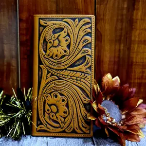 Montana West Western wallet Cowboy wallet genuine leather handtooled wallet floral and basketweave design.