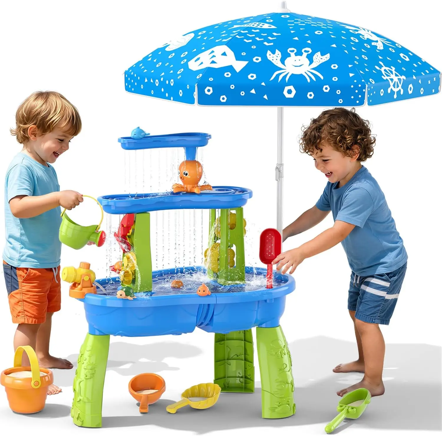 3-Tier Kids Sand Water Table with Umbrella, Outdoor Sensory Table for Toddlers, Water Play for Toddlers & Fun with Sand Summer Splash Activity Beach Toy (Pump Not Included)