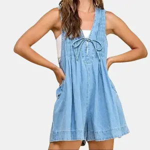Denim Romper - Soft Lightweight High Waist Loose Fit Brunch Beach Wear with Pockets and Drawstring Detail