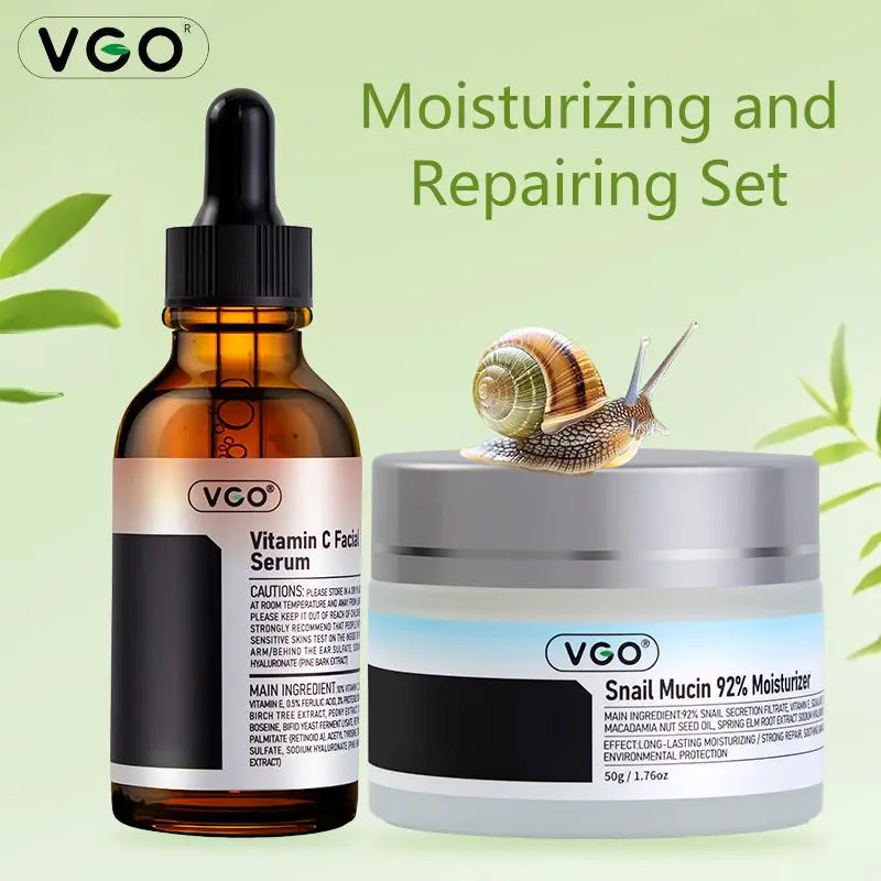 VGO Anti-Aging Skincare Set with Vitamin C Facial Serum & 92% Snail Mucin Moisturizer, Gentle Daily Hydration for Firm, Smooth Skin, Hydrate, Moisture, Soothing, All Skin Types, Evening, Lightweight, Skin Repair