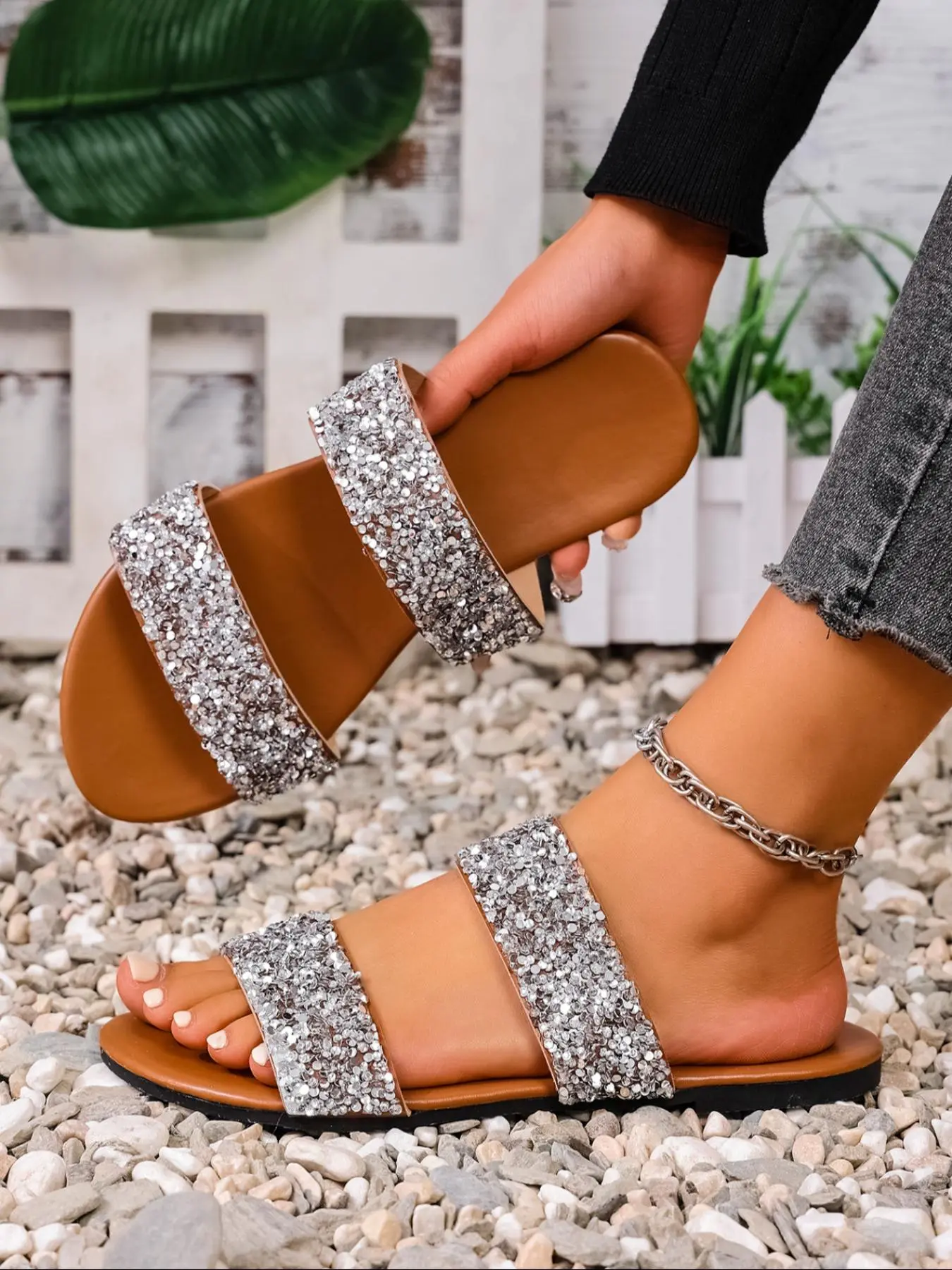 Women's Fashionable Glitter Decorated Slingback Sandals, Casual Comfortable Flat Sandals for Summer, Lightweight Breathable Shoes for Daily Wear, Girl, Flat Heel, Fancy Sandals, Fashionable Comfy Sandals