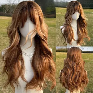 Autumn and winter air bangs with big waves, Korean-style long curls, natural and realistic, voluminous, full-head wig, universal fit