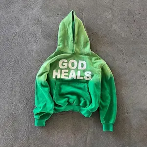 Full sleeve God Heals print hoodie Hip Hop zip uplong sleeve jacket Harajuku casual loose hoodedsweatshirt Tops Man Love Menswear Pullover Orange