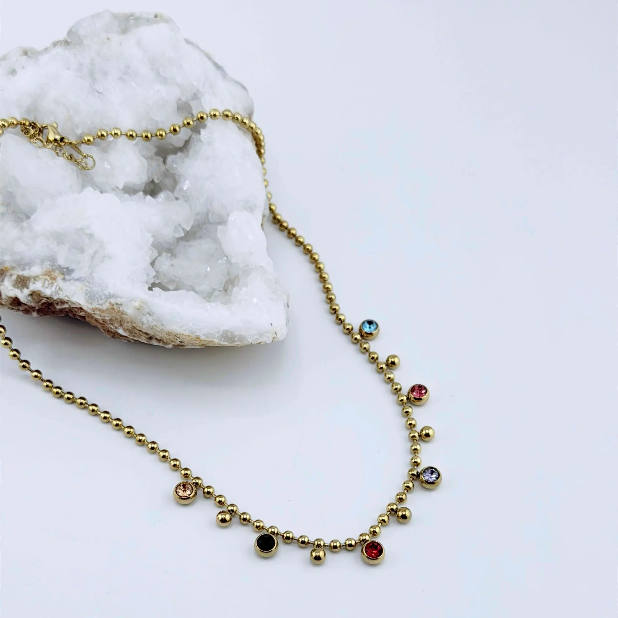 Bead Chain Necklace with Multicolor Stones 18K Waterproof