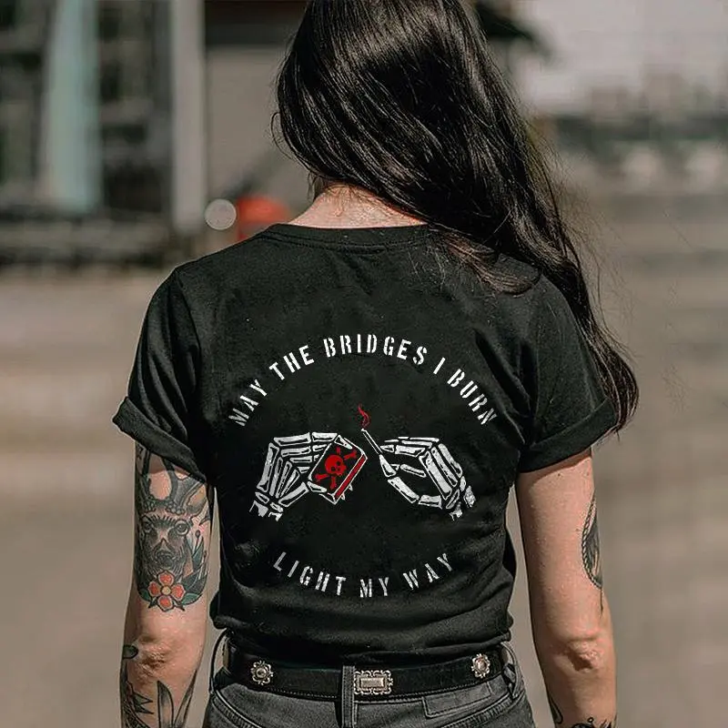 Unisex 100% Cotton Classic Short-Sleeve Skull Graphic T-Shirt with "May The Bridges I Burn" Slogan, Menswear Garment, Summer Streetwear Clothes, Gift Idea, Shortsleeve