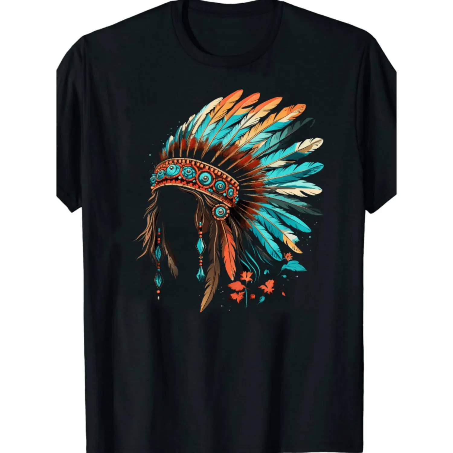 Summer Casual Cotton TShirt Featuring Native American Headdress Graphic with Feather Details for Men Round Neck and Regular Fit