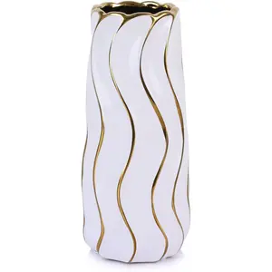 9.5" White Ceramic Vase - Minimalist Decor White and Gold Flower Vase, Modern Pampas Grass Vase, Boho Decorative Centerpiece Vase for Home Decor, Table, Shelf, Mantel, and Entryway
