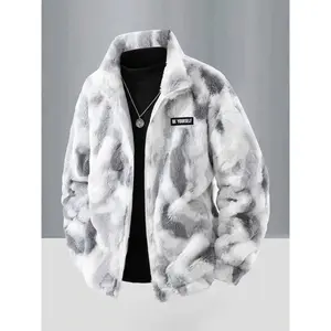 Men's Tie-Dye Faux Fur Jacket, Be Yourself Patch Detail, Full Zip Stand Collar, Warm Comfortable Coat, Winter CasualGift