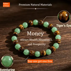 Tiger Eye Stone Bracelet to Attract Wealth, Unisex Adjustable Crystals Amulet with Green Sand Charm for Abundance and Anniversaries