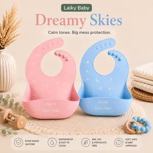 Laiky Baby 2-Pack Silicone Baby Bibs - BPA Free, Adjustable Fit, Large Food Catcher, Waterproof Feeding Bib for Babies & Toddlers