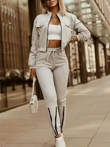 Two-piece Set Women's Fitted Solid Color Pocket Zip Up Crop Jacket & Drawstring Waist Pants, Casual Funnel Neck Long Sleeve Outerwear & High Waist Trousers for Spring & Fall, Women's Clothes for Daily Wear, Outfit, Womenswear