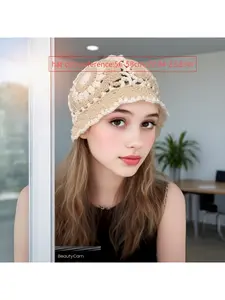 Women's Vintage Hand Crochet Bucket Hat, Lightweight Breathable Knit Fisherman Cap for Spring Autumn Winter