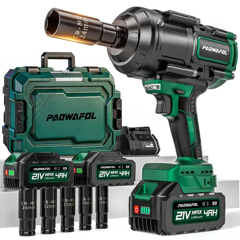 PAOWAFOL Cordless Impact Wrench, High Torque 1/2" Impact Gun with 2* 21V 4.0AH Battery, Fast Charger, 5 Sockets & Storage Case, Brushless Pistola De Impacto for Home Car Truck Tires
